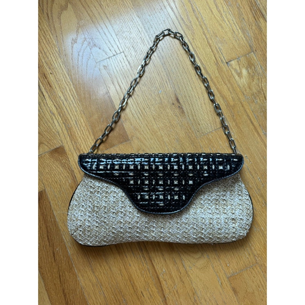 Sondra Roberts Woven Raffia Clutch Black Patent Croc Convertible Shoulder Bag
